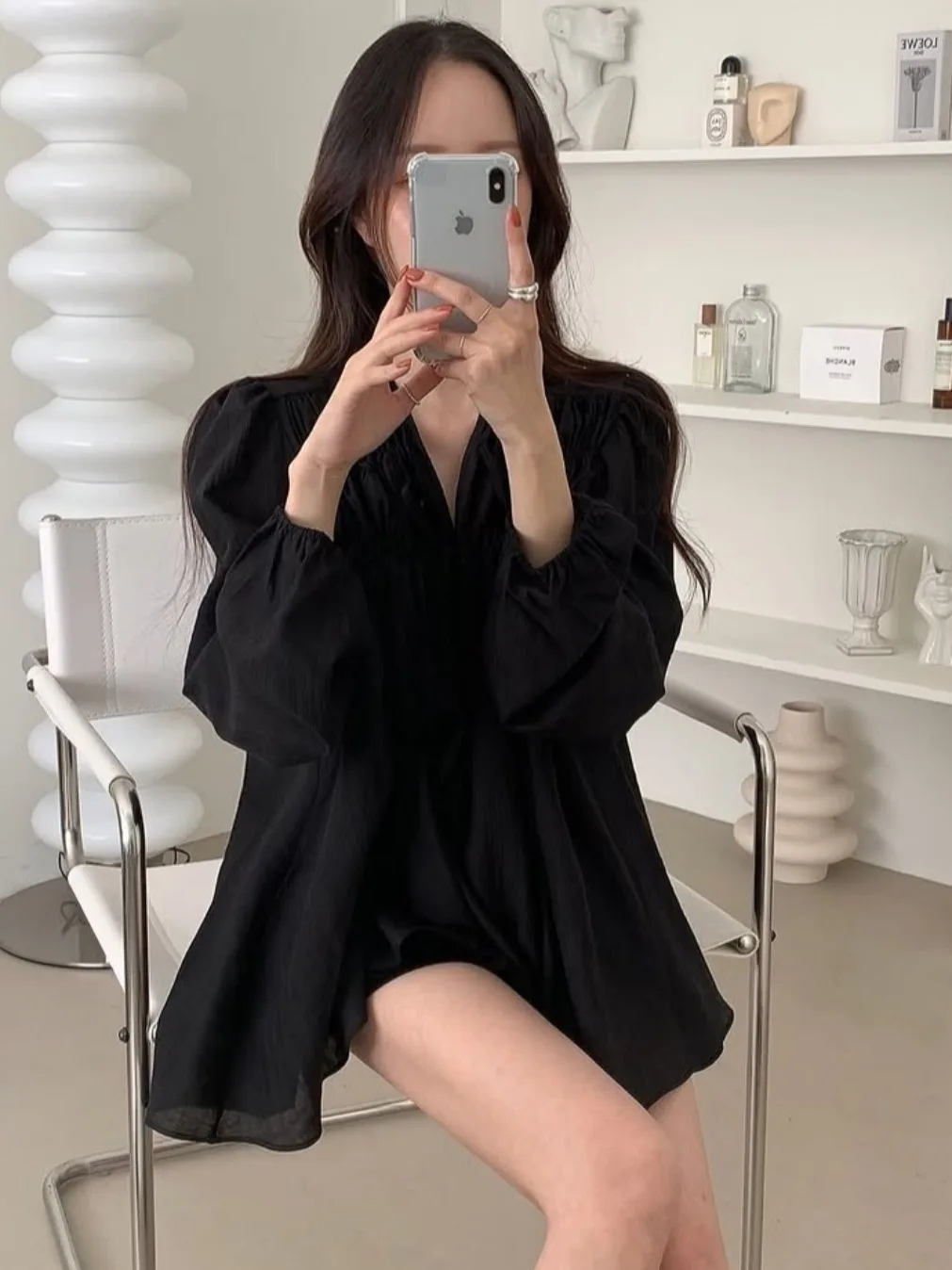 Loose Bubble Sve irt V-Ne Pleated Pure Color Belted Casual Faion Women's Long Sve irt for Autumn Spring Winter