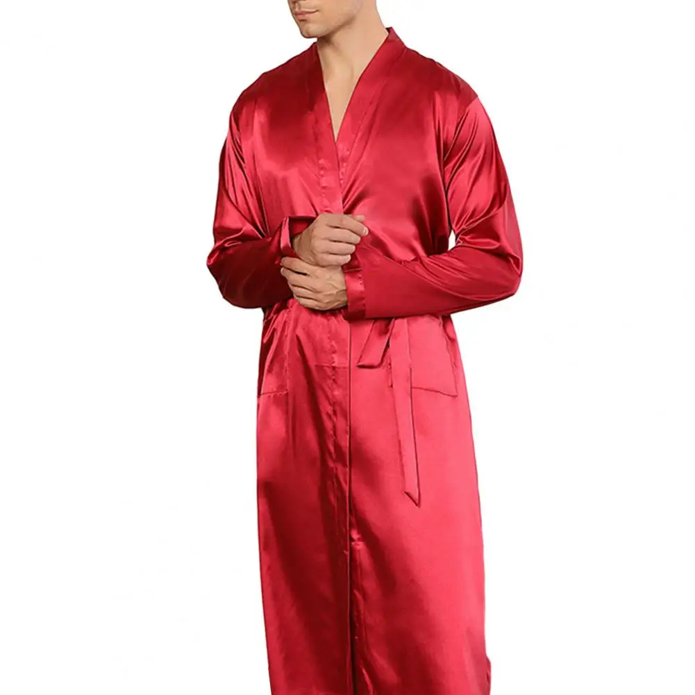 Side Pockets Bathrobe Solid Color Bathrobe Soft Breathable Men's Satin V Neck Bathrobe with Lace Up Waist Belt Long for Fall