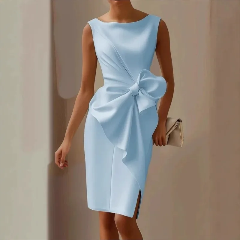 Vestidos por debajo de la rodilla calados sin mangas para mujer, vestido Sexy elegante con cuello redondo en la cintura, vestido envuelto con lazo, vestido de fiesta de oficina, Vestidos nuevos