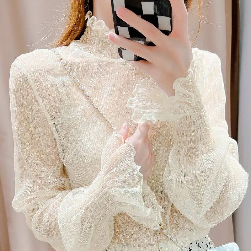 Bella Philosophy Women High Collar Mesh Perspective Blouse Summer Thin See Through Slim Bottoming Lace Long Flare Sleeved Tops