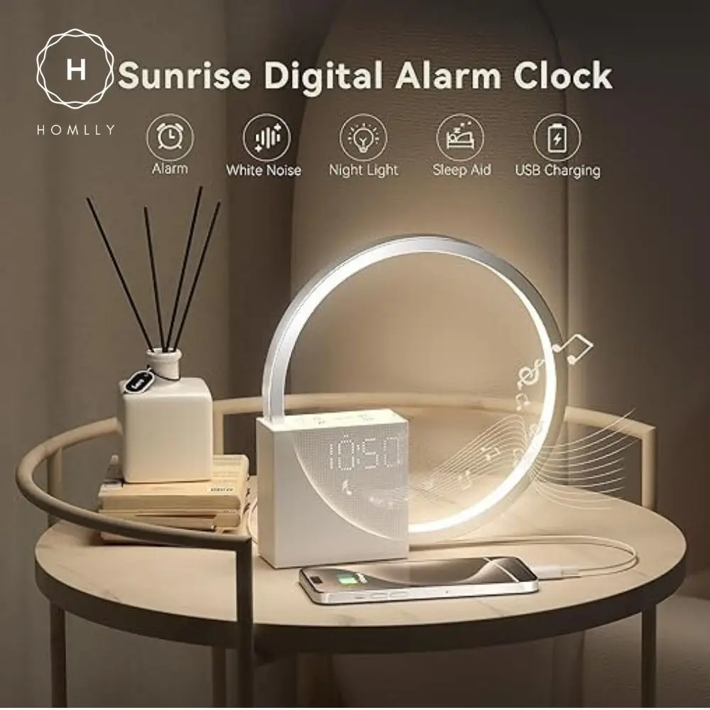 Homlly Sunrise Digital Alarm Clock with Relaxation Music, Warm Night Light & USB Charger alarm clock digital