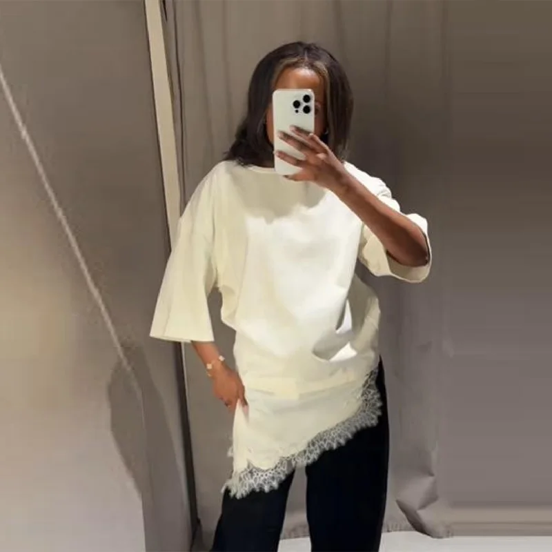 

Повседневные базовые женские топы, кружевные лоскутные пуловеры с короткими рукавами и круглым вырезом, новинка 2025, классический женский топ