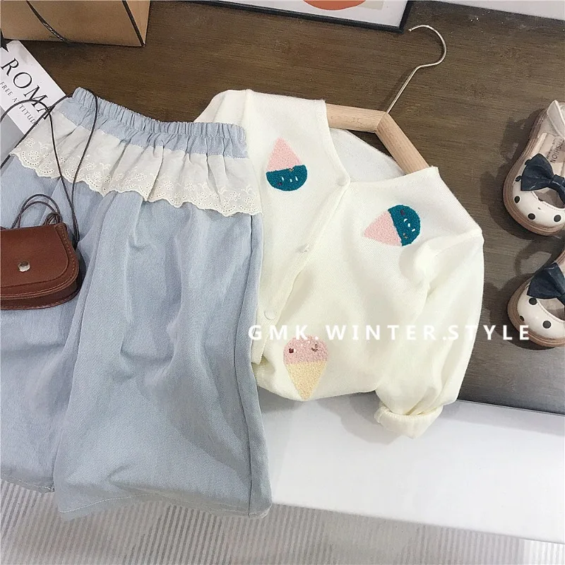Korean Girls' New Ice Cream Hook Flower Round Neck Sweater Cardigan Soft and Skin Friendly Children's Lace Wide Leg Pants