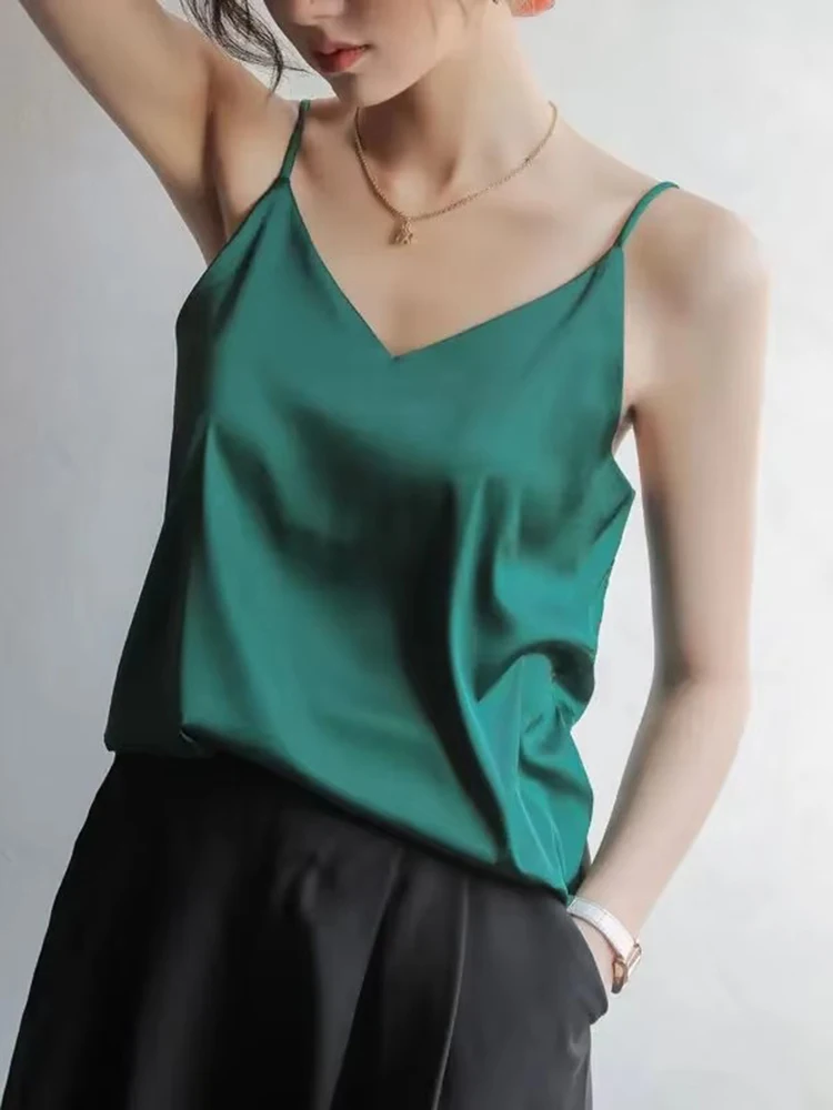 Women Halter V Neck Basic White Cami Spaghetti Strap Top Sleeveless Satin Silk 2026 Tank Tops Women'S Summer Camisole image 3