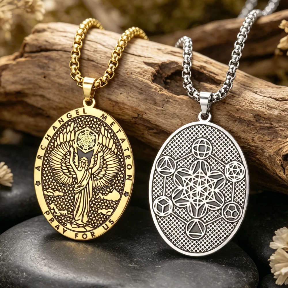 Collier Archange Metatron, pendentif double face, protection spirituelle, amulette, géométrie sacrée, acier inoxydable, bijoux chrétiens