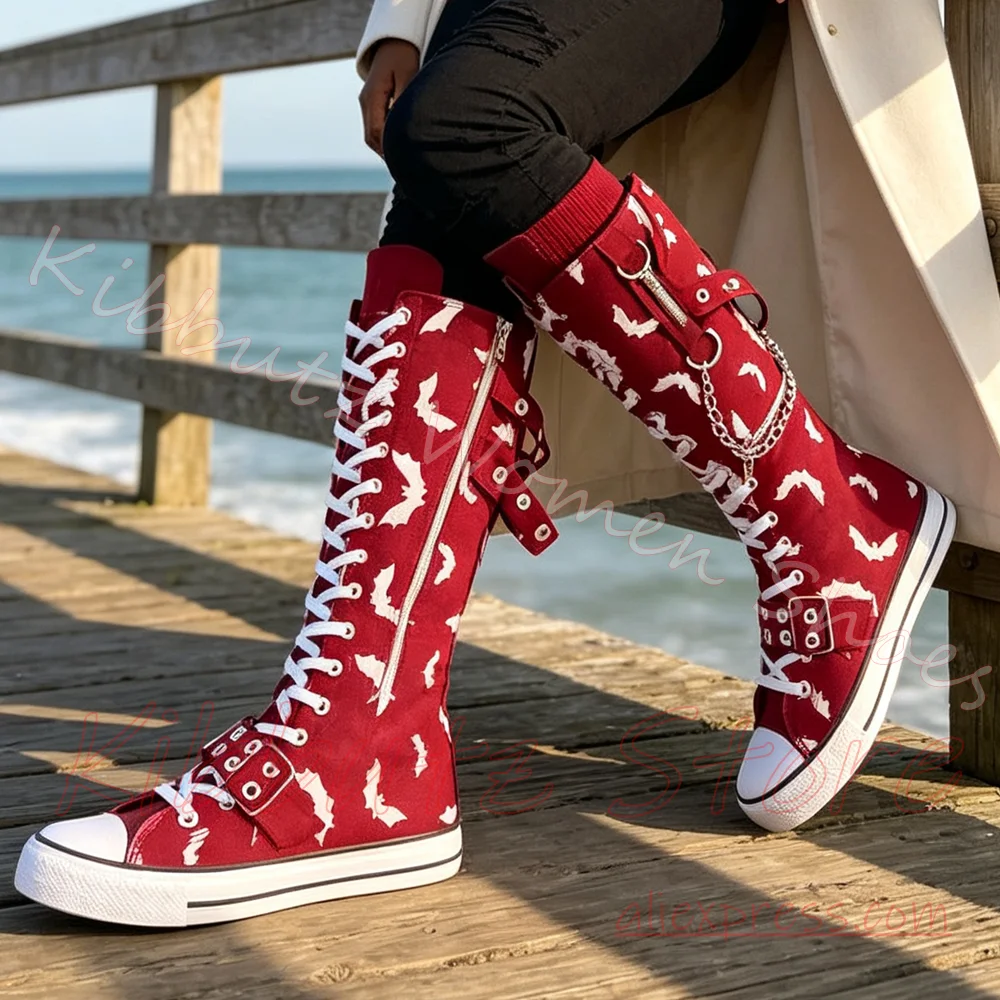 Canvas Knee High Boots Women Bat Print Lace Up Side Zip Chain Buckle Streetwear Footwear Rock Punk Shoes Mixed Color Flat with