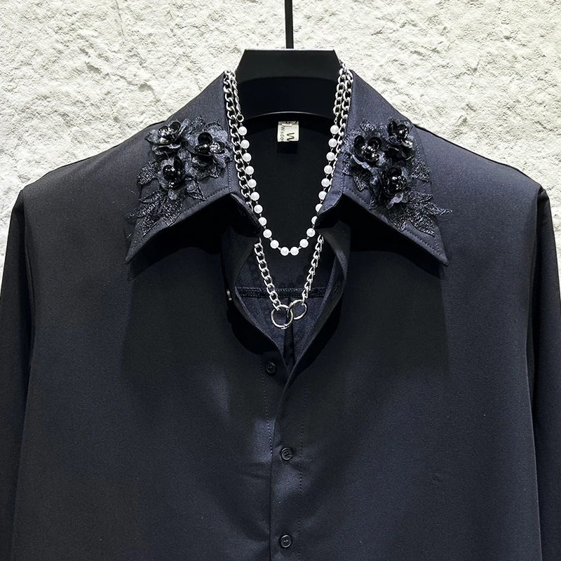 

Роскошная рубашка с длинным рукавом с 3D вышивкой и цветком, мужские персонализированные креативные рубашки, модная свободная повседневная рубашка для социального банкета и вечеринки