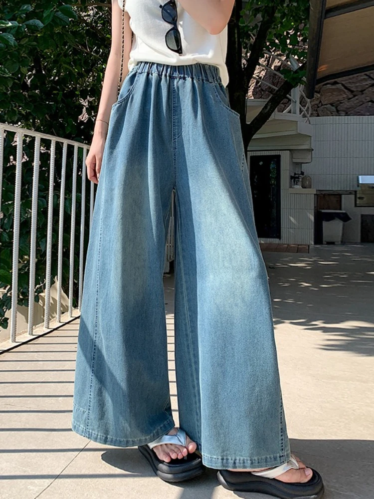 AOSSVIAO Trendy Summer Thin Cotton Blue Wide Leg Women Jeans High Waist Draped Straight Leg Design Long Denim Pants