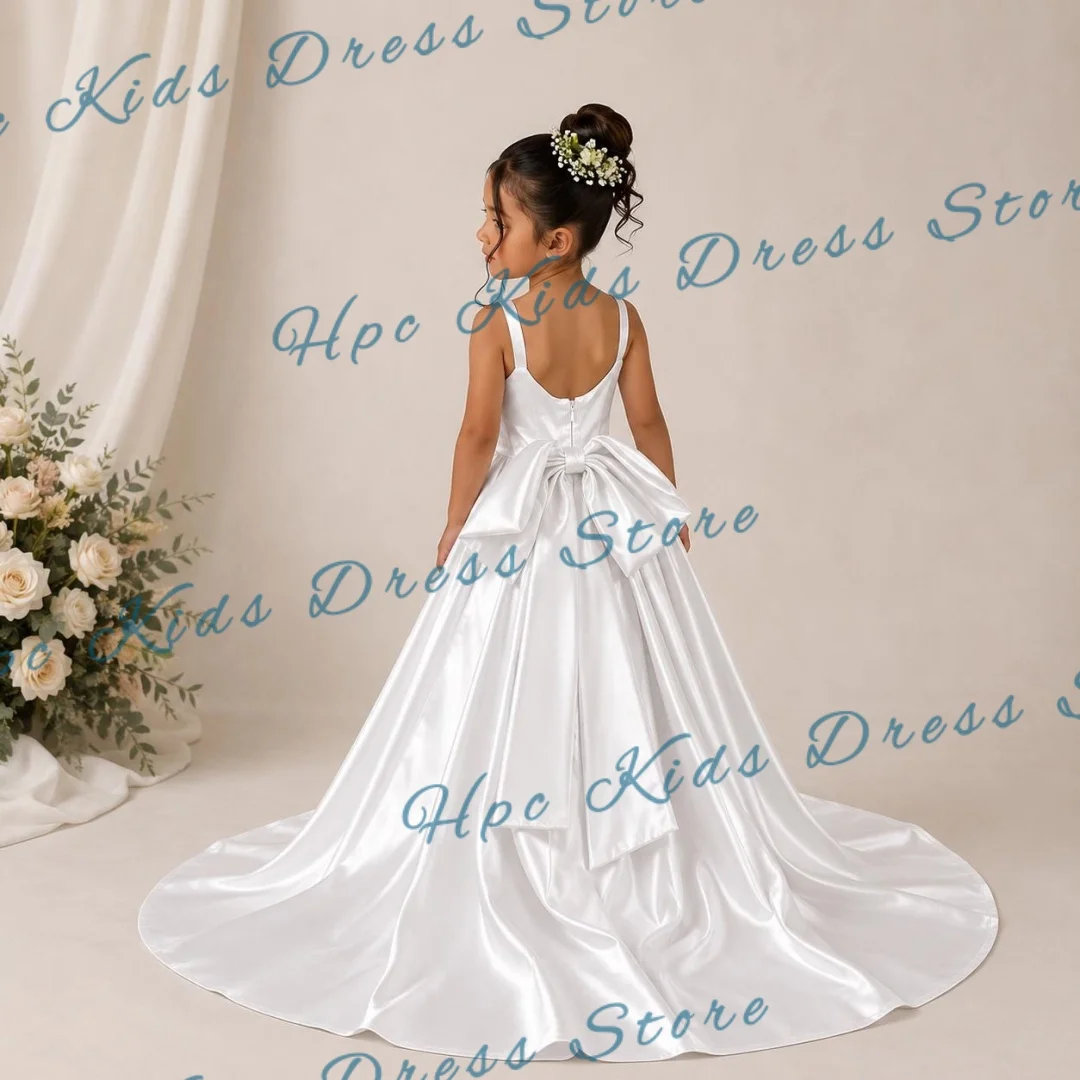 Custom White Satin Flower Girl Dress Sleeveless A-Line for Wedding First Communion Kids Party Outfit