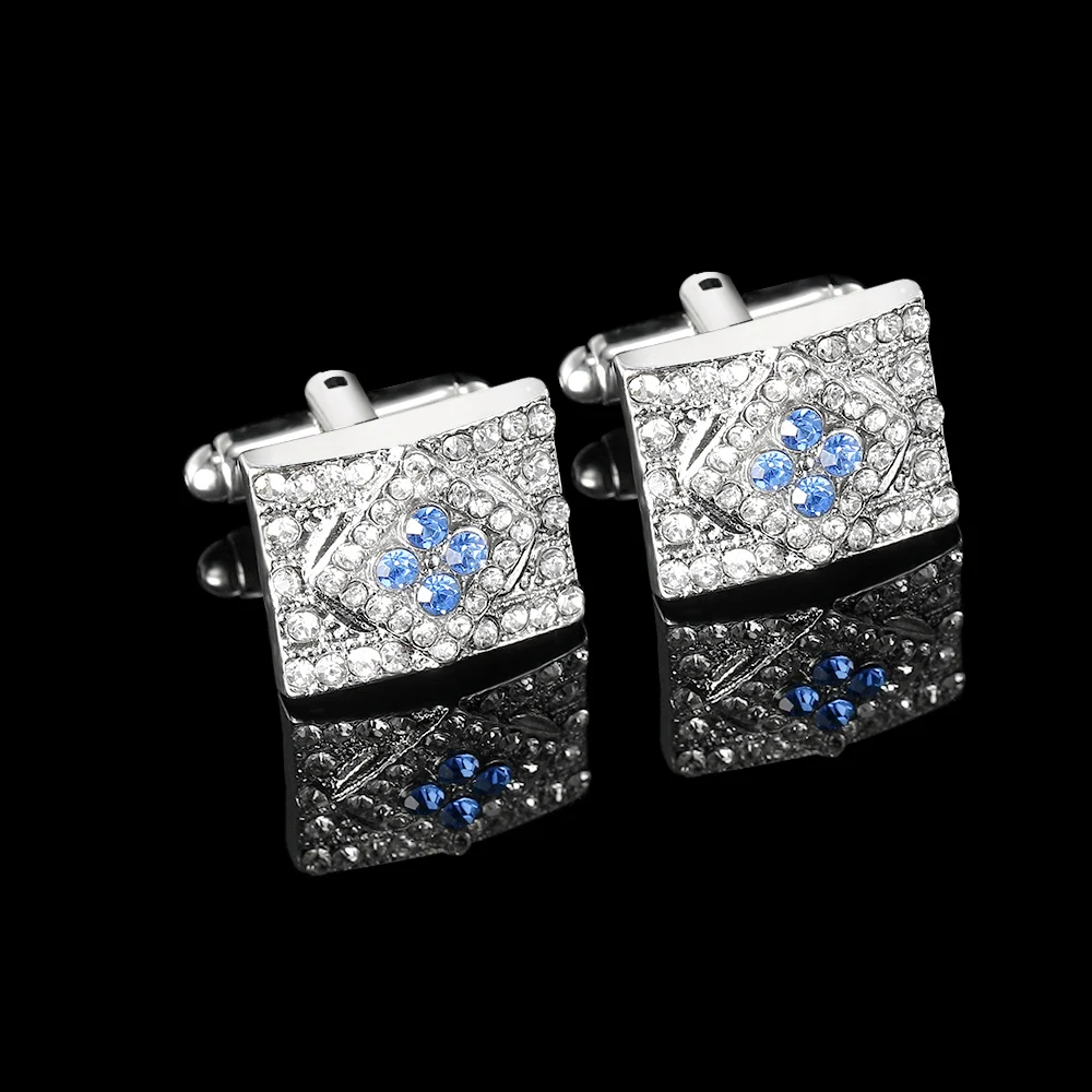 Novelty Luxury Rectangle Rhombus Full Crystal Cufflinks&Tie Clip Set Blue And Clear Rhinestone Paved Jewelry For Men