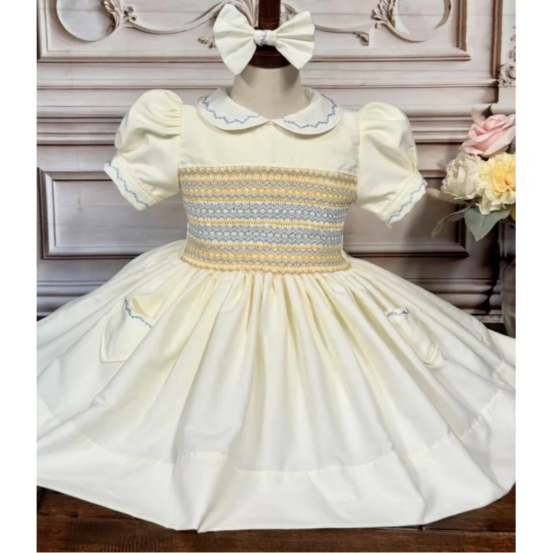 0-12Y Baby Girl Summer Handmade Embroidery Smocked Beige Dress for Eid Birthday Photography Party Holiday  Casual A214