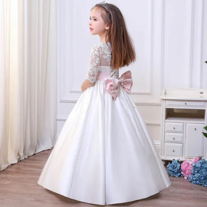 Vestidos de primera comunión, vestidos de flores para niña, apliques de satén blanco con lazo, cinturón de joyas, media manga para boda, fiesta de cumpleaños