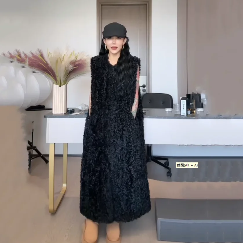 

Большой длинный жилет без рукавов, женский зимний пуховый жилет из овечьей шерсти, пальто, шикарная одежда для дома