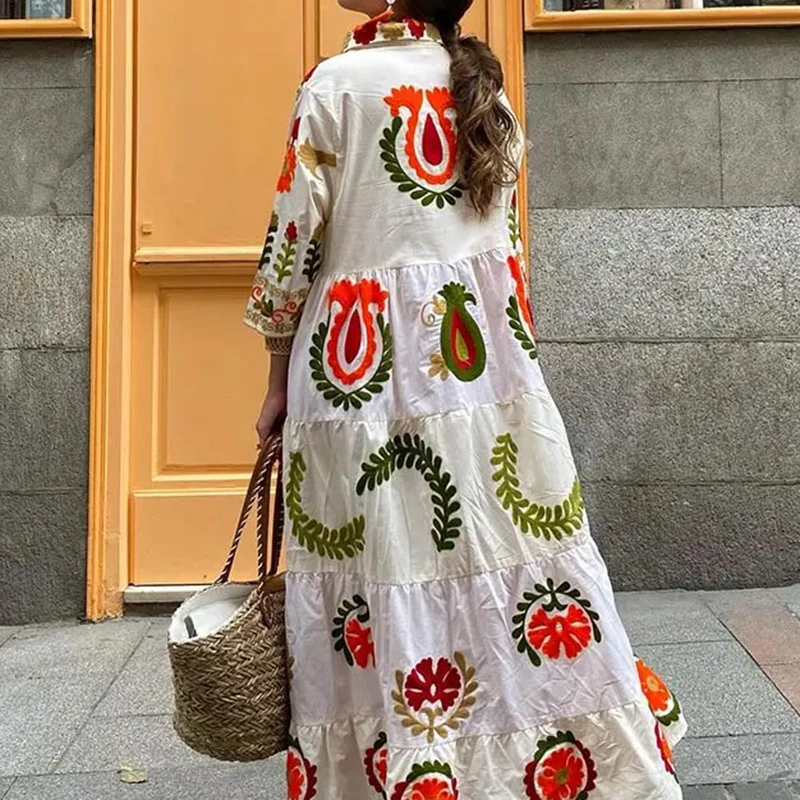 Elegant Vintage Print Single-breasted Shirt Dress Fashion V Neck Half Sleeve Pleated Dress New High Waist Temperament Long Dress