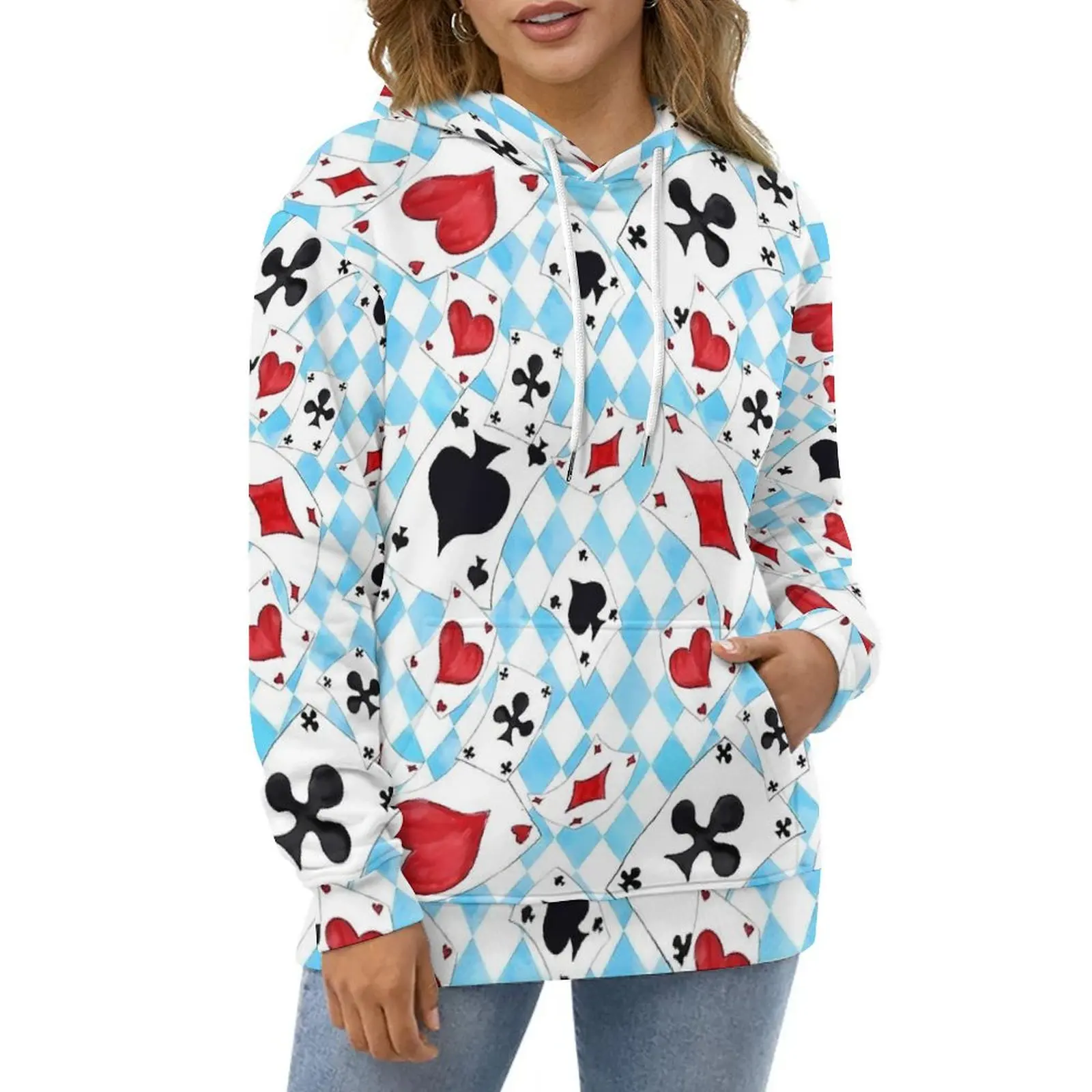 

Playing Cards Casual Hoodies Blue And Red Pretty Hoodie Couple Long Sleeve Streetwear Printed Loose Oversize Hooded Sweatshirts
