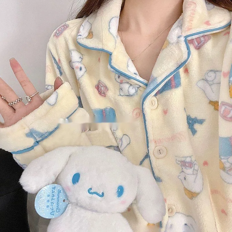 

Пижамный комплект Sanrio Cinnamoroll Женский, милая одежда для сна с мультяшным принтом, утепленная Домашняя одежда с длинным рукавом, штаны Pj, Осень-зима