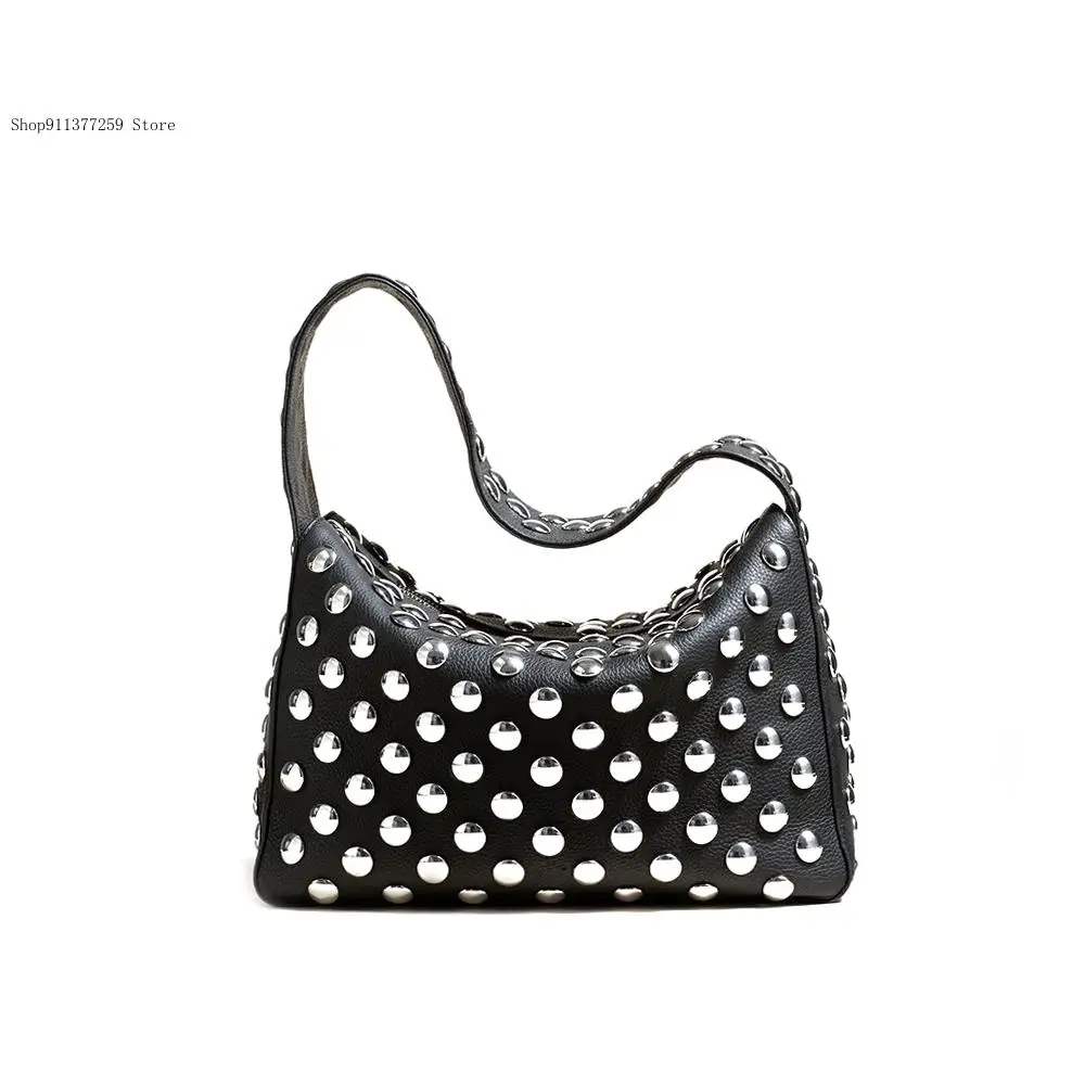 Personalized Motorcycle Style Cool Shoulder Bag European and American Metal Rivet Horizontal Square Handbag