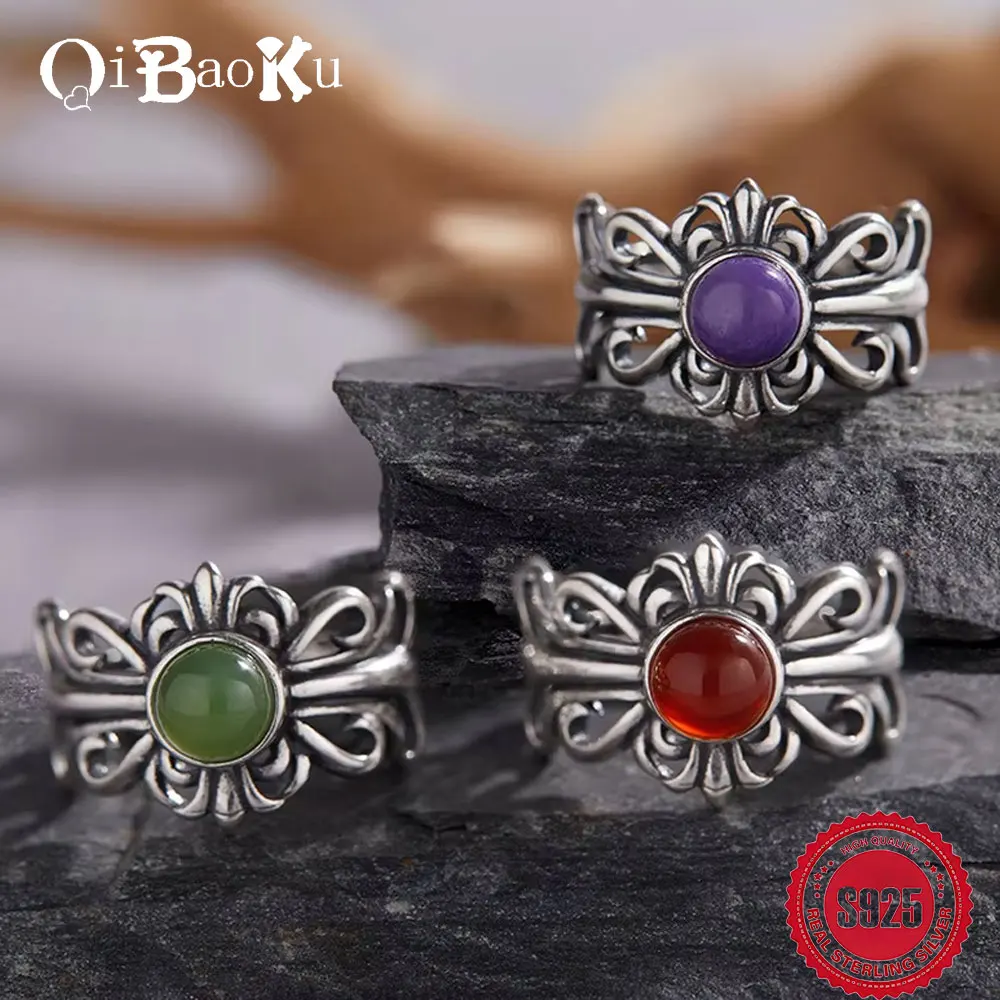 

QIBAOKU Винтажное кольцо из стерлингового серебра S925, натуральный цвет, драгоценный камень, ретро-цветок ириса, изысканное открытие, регулируемые кольца для пар