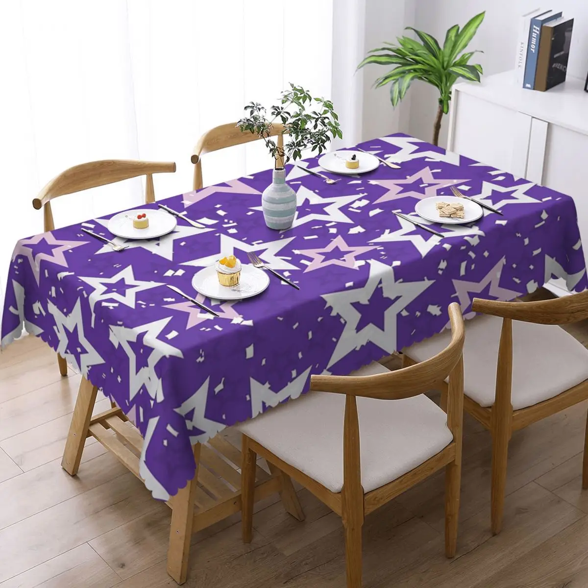 Colorful Rainbow Stars On A Purple Background Custom Rectangular Tablecloth Oilproof Table Cover for Dining Events Table Cloth
