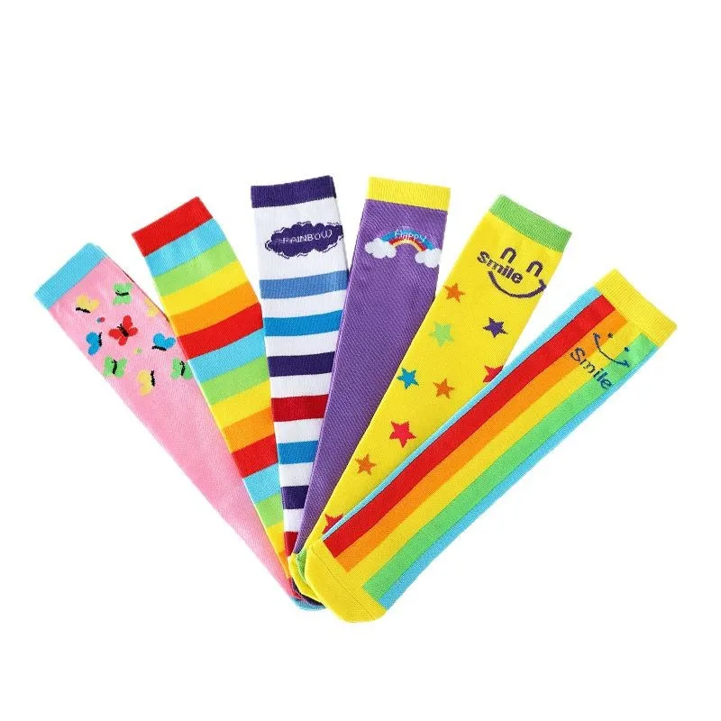 

6PS 2025 New Rainbow Smiley Girl Striped Cotton Pile Socks for Children Spring and Autumn Fashion Mid tube Socks Baby Long Socks