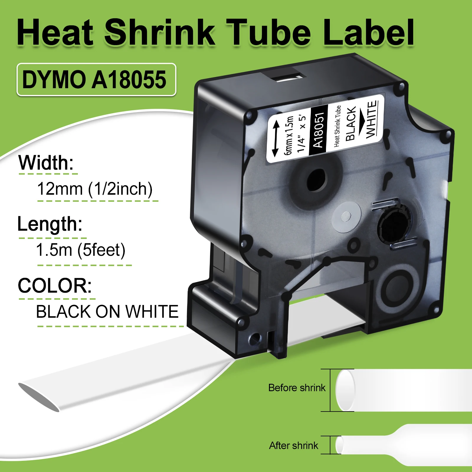 3-10Pcs Heat Shrink Tube Industry Label Tapes Compatible for Dymo A18055 A18056 6/9/12/19/24mm Ribbon for DYMO Rhino 4200 5000