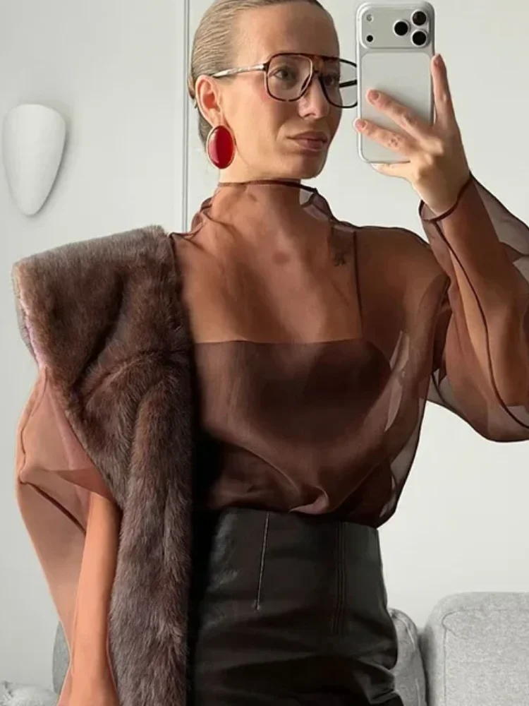 

Chic Solid Mesh Long-sleeved Chiffon Tops Women Casual High Collar See Through Loose Thin Shirt Vacation Street Blouse 2026 Lady