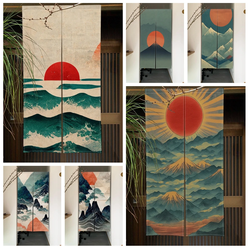 Japanese Style Noren Door Curtain Mountain Sun With Mount Fuji And Wave Design Partition Bedroom Decor Curtain Home Half Curtain