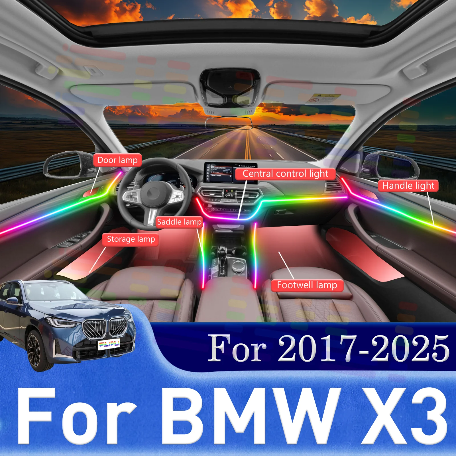 20 In1 for BMW X3 F25 G01 G45 Car LED Ambient Lamps Colorful Atmosphere Light Auto Interior Neon Strip 64 RGB Lighting 64 colors