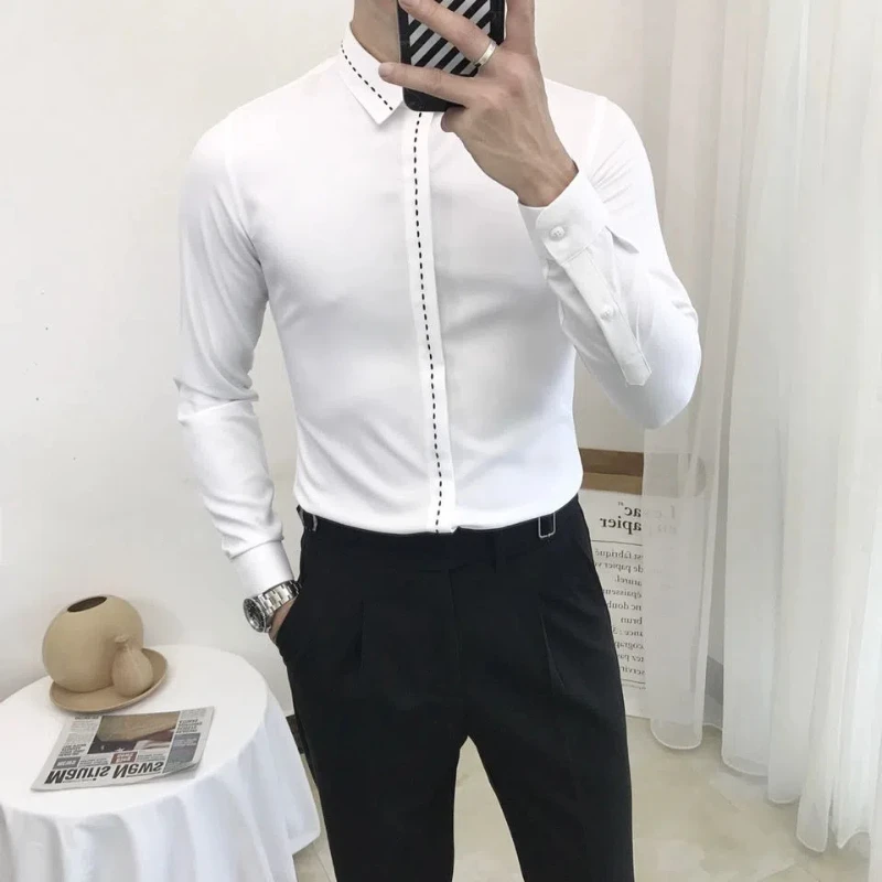 Smart Casual Spring Autumn Men Clothing Shirts Lapel Line Single Breasted Korean Fashion Trend Business Slim Long Sleeve Tops