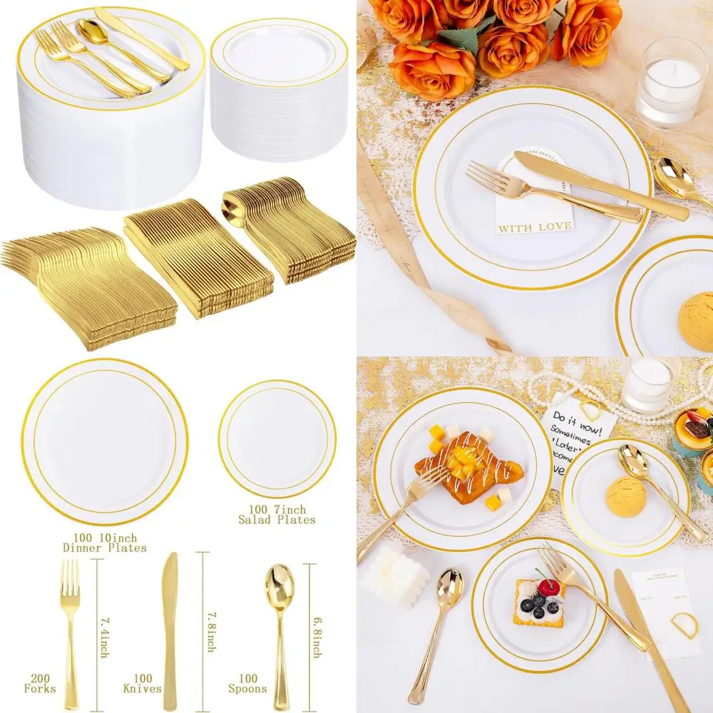 

Gold Plastic Plates - 600 Pieces Disposable Dinnerware Set for 100 Guests, Party Plates, 100 Dinner Plates, 100 Salad Plates