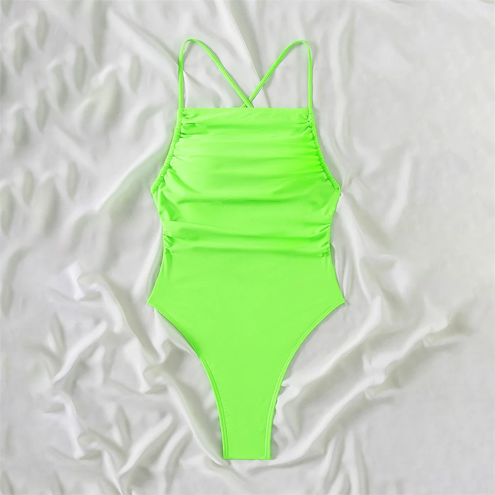 

Sexy High Cut Extrem Bikini Green Y2K String Backless Monokini Wrinkled Swimsuit Push Up Swimwear Women Beach Outfit Bather Suit