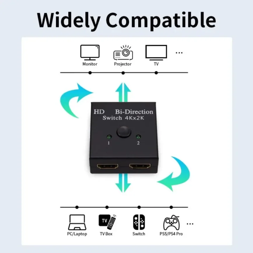 HDMI-Compatible Bi-Directional 2x1 or 1x2 Switch 4K HDMI-Compatible Switch For Xbox PS5/4/3 Blu-Ray Player Fire Stick Roku HDTV