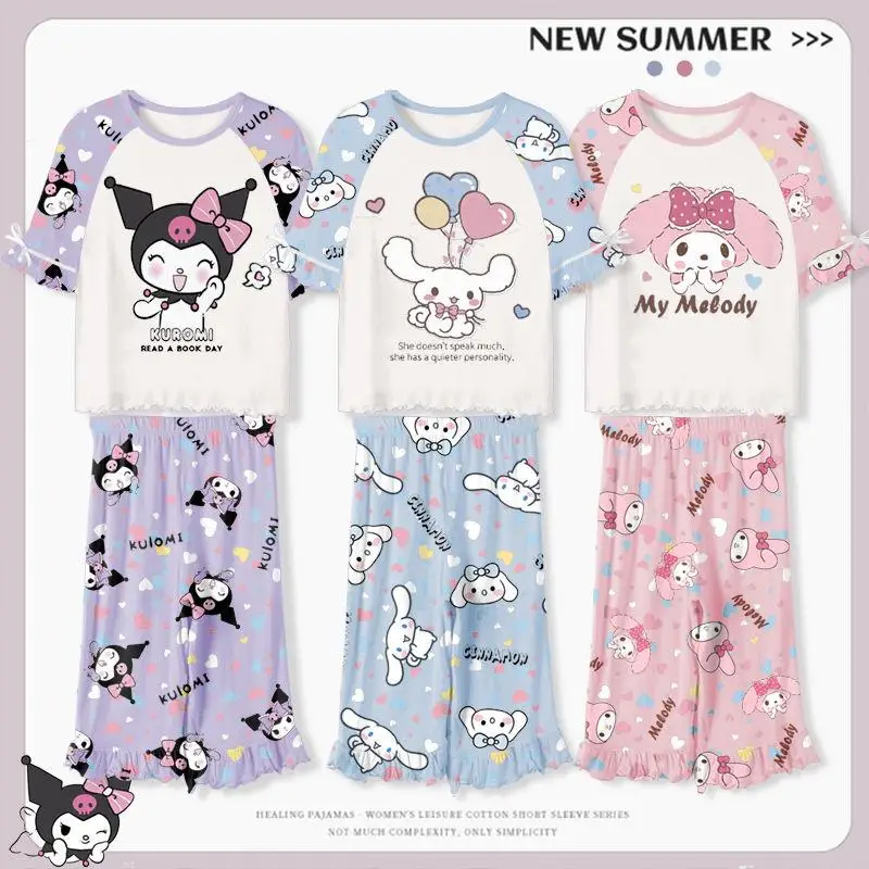 

Sanrio Children Summer Thin Home Clothing 2PCS Kuromi Girls All-match Short Sleeve Cinnamoroll Girl Fashion Cropped Pjamas HOT