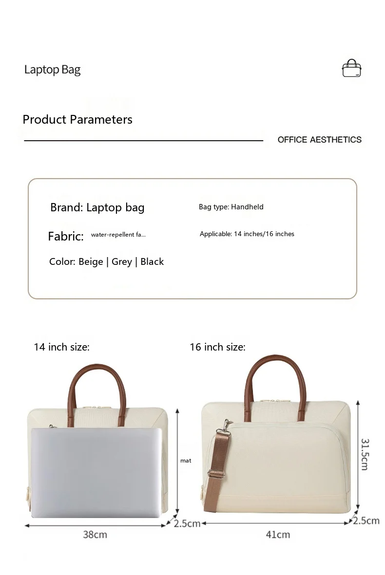 Vielseitige Laptop-Handtasche 14-16 Zoll Oxford-Stoff Aktentasche mit Schultergurt für Reisen – Detail 2