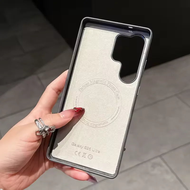 Vintage etui na telefon z ekoskóry PU z magnetycznym zamknięciem do Samsung Galaxy S25 Ultra S24 S23, metalowa ramka na obiektyw, bezprzewodowe ładowanie, odporne na wstrząsy. — zdjęcie produktu 6
