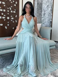 Chiffon Blue Formal Occasion Dresses 2023 V-Neck Pleat Elegant Ball Gowns Crystal Sexy Long Evening Party Gown فساتين الحفلات