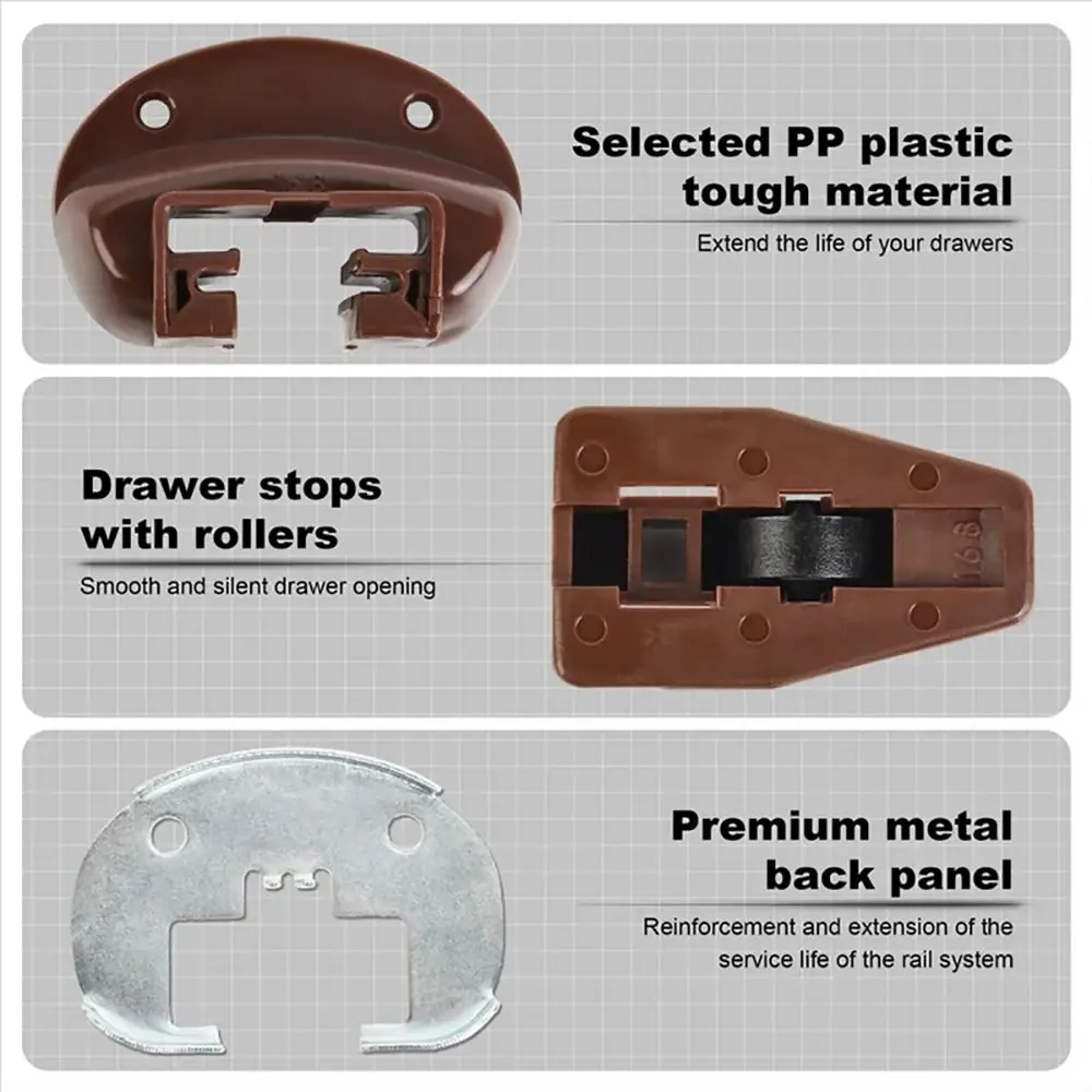 

1Set Plastic Metal Drawer Guide Slide Accessory with Roller Brown Drawer Track Slide Kit Universal Drawer Slide Replacement Part