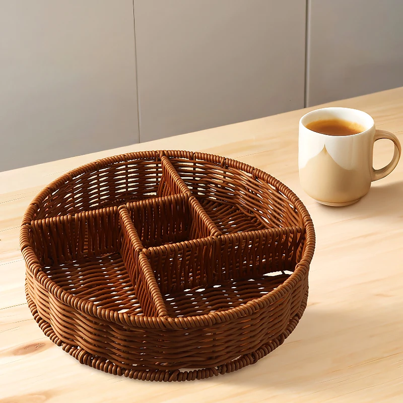 Imitation Rattan Woven Basket Snack Basket Reinforced Storage Basket Bread Basket Fruit Tray Round Three-cell Display Basket