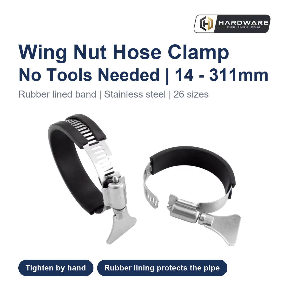 Hose Clamp with Wing Nut Rubber Lined 14-27mm to 289-311mm Stainless Steel Jubilee Clip for Hose Pipe 26 Sizes 5pcs Pack