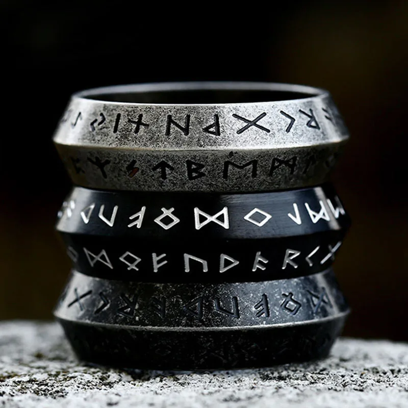 Men's Antique Silver Fashion Norse Futhark Runes Ring Stainless Steel Vegvisir Amulet Icelandic Male Jewelry Creative Gift
