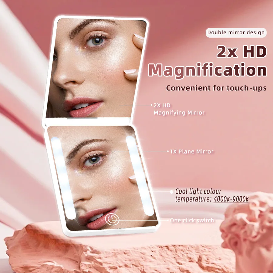LED 3-Color Dimmable Double-Sided Mirror (HD + 2x) - Ultra-Thin Foldable, Ins Style, Travel Touch-Up, Gift for Women