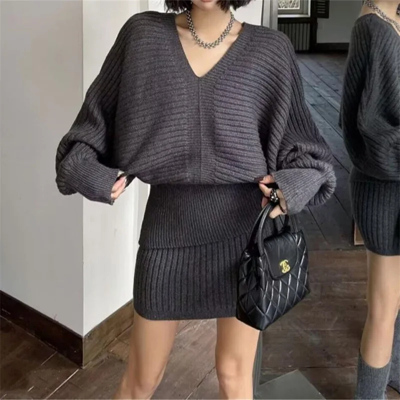 لطيف الرياح جو الخامس الرقبة محبوك قميص المرأة الخريف والشتاء مجموعة جديدة الخصر Cinching والتخسيس قطعتين مجموعة #4