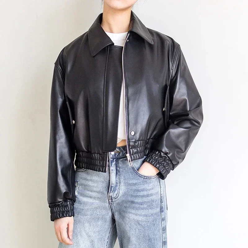 

Classic Black Genuine Leather Motorcycle Jackets for Women Spring Autumn 2026 New High-end Simple Soft Short Real Sheepskin Coat