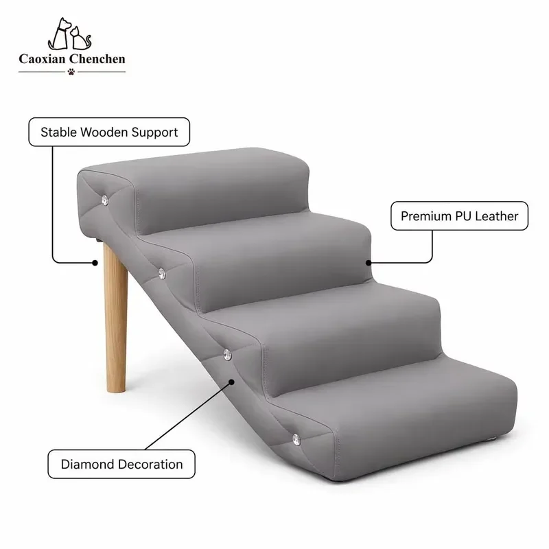 Dog Ramp Pet Stairs 4 Step Wooden Support Non Slip Bottom For Small Dogs Bed Couch Luxury