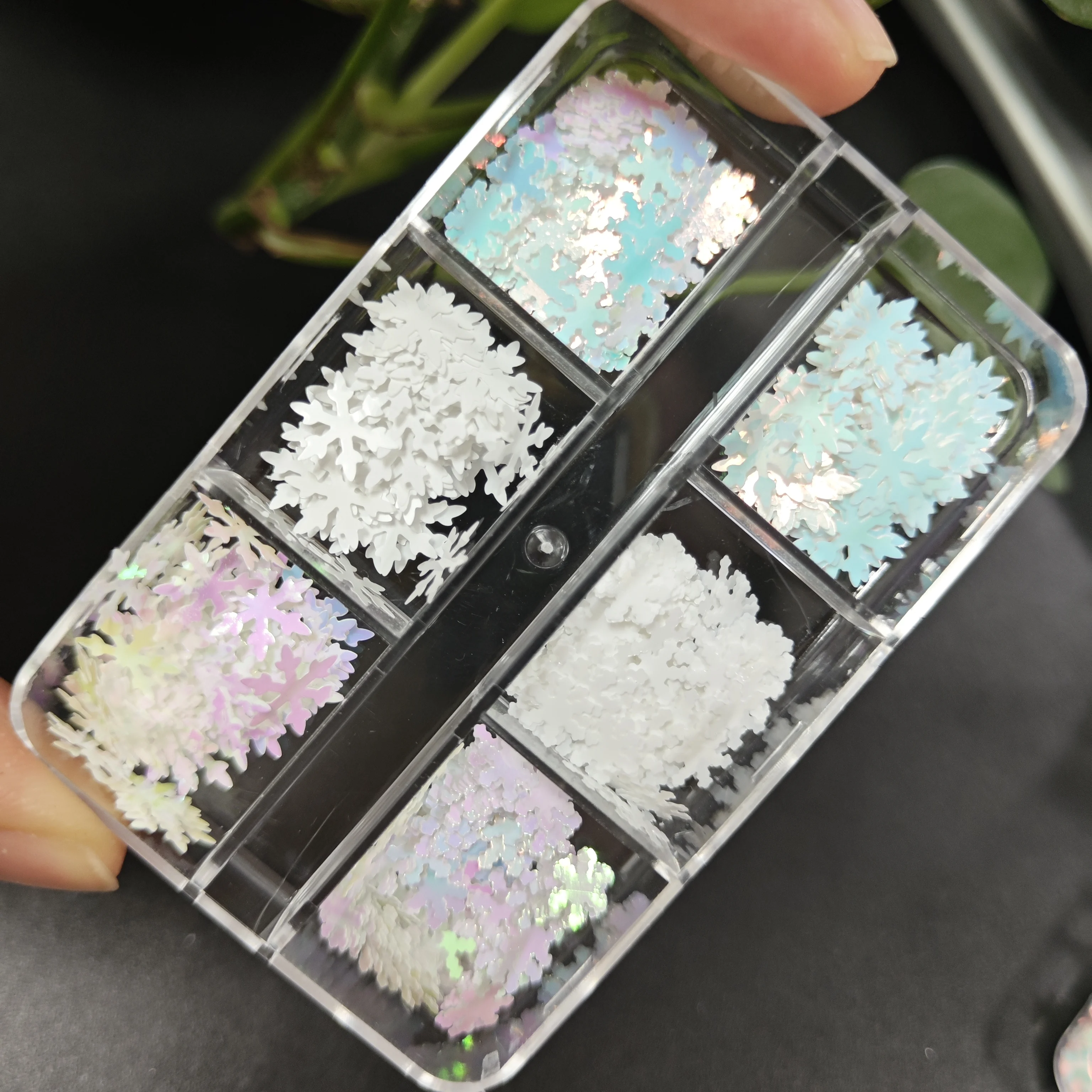 6Grid/Doos Kerst Aurora Witte Sneeuwvlok Nagel Pailletten Gemengde Grootte Glitter Laser Sneeuwvlok Nagelvlokken DIY Kerst Sneeuwvlok Pailletten