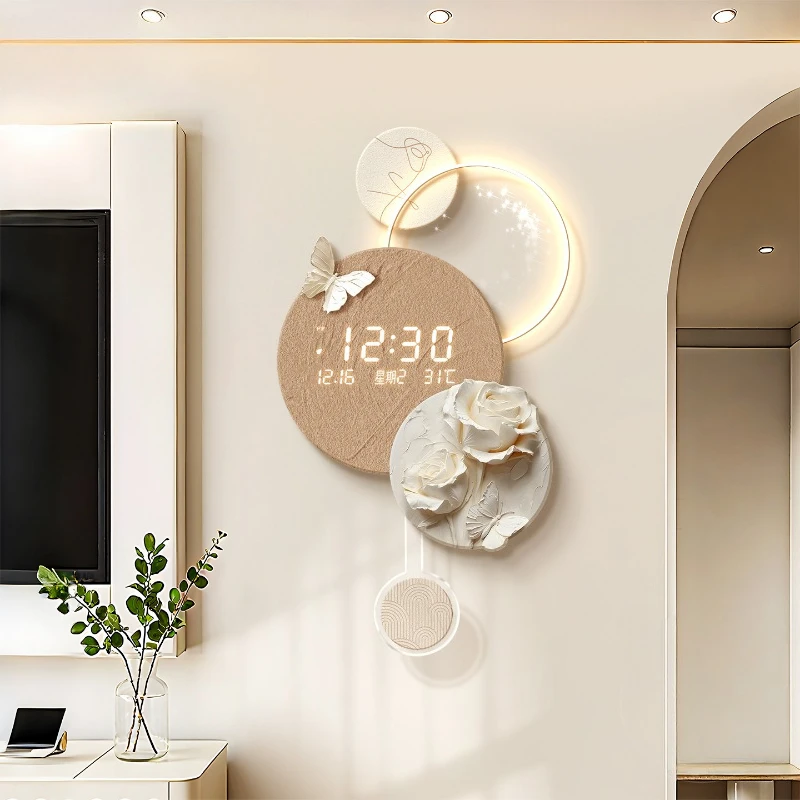 Cream wind wall clock background decoration elegant aesthetic wall clock light luxury relógio digital de parede home furniture