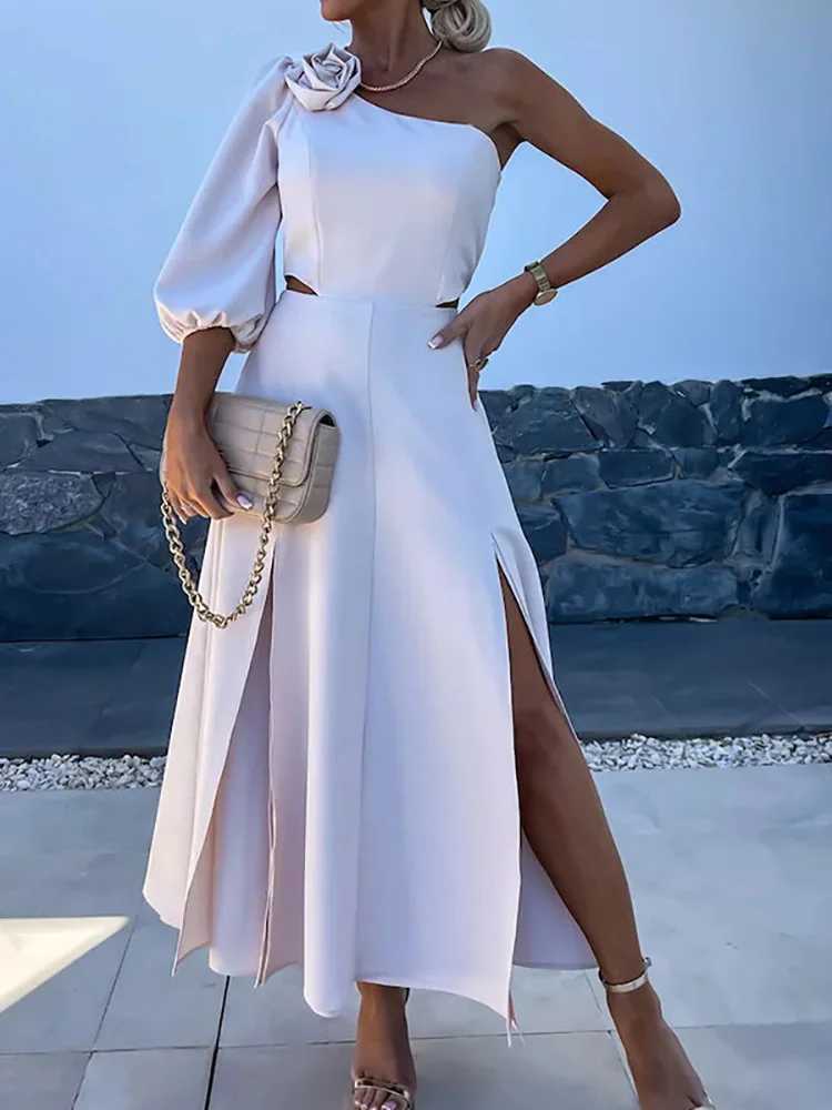 

Puff Sleeve Fashion Party Dress, Women Summer Loungewear One Off Shoulder Maxi Dress, Hollow Patchwork Skew Collar Ladies Dress