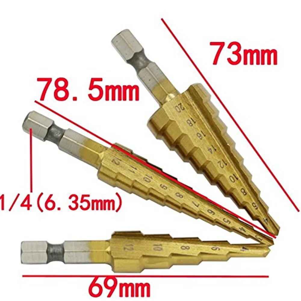Set Mata Bor Langkah Hss 3 Buah Mata Bor Kerucut Pemotong Lubang Lancip Metrik 4 - 12 / 20/32Mm 1 / 4 "Mata Bor Inti Hex Logam Lapis Titanium