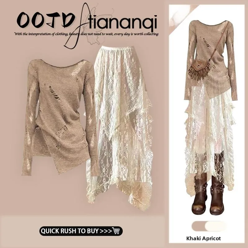 

Летний женский модный комплект: ажурный топ с завышенной талией и асимметричная юбка, костюм-двойка с длинными рукавами и круглым вырезом