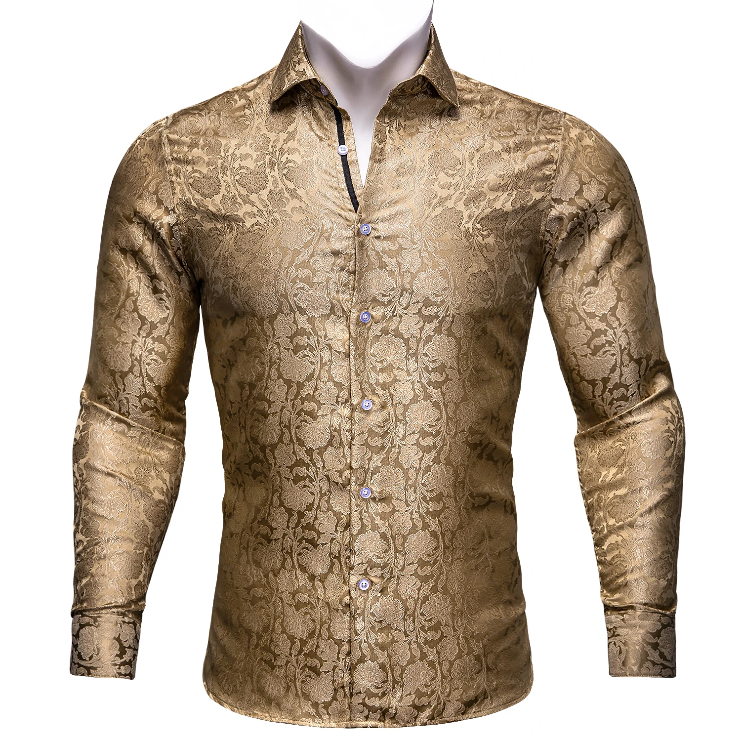 Barry.Wang 4XL Luxury Gold Paisley Silk Shirts Men Long Sleeve Casual Flower Shirts For Men Designer Fit Dress Shirt BY-0068